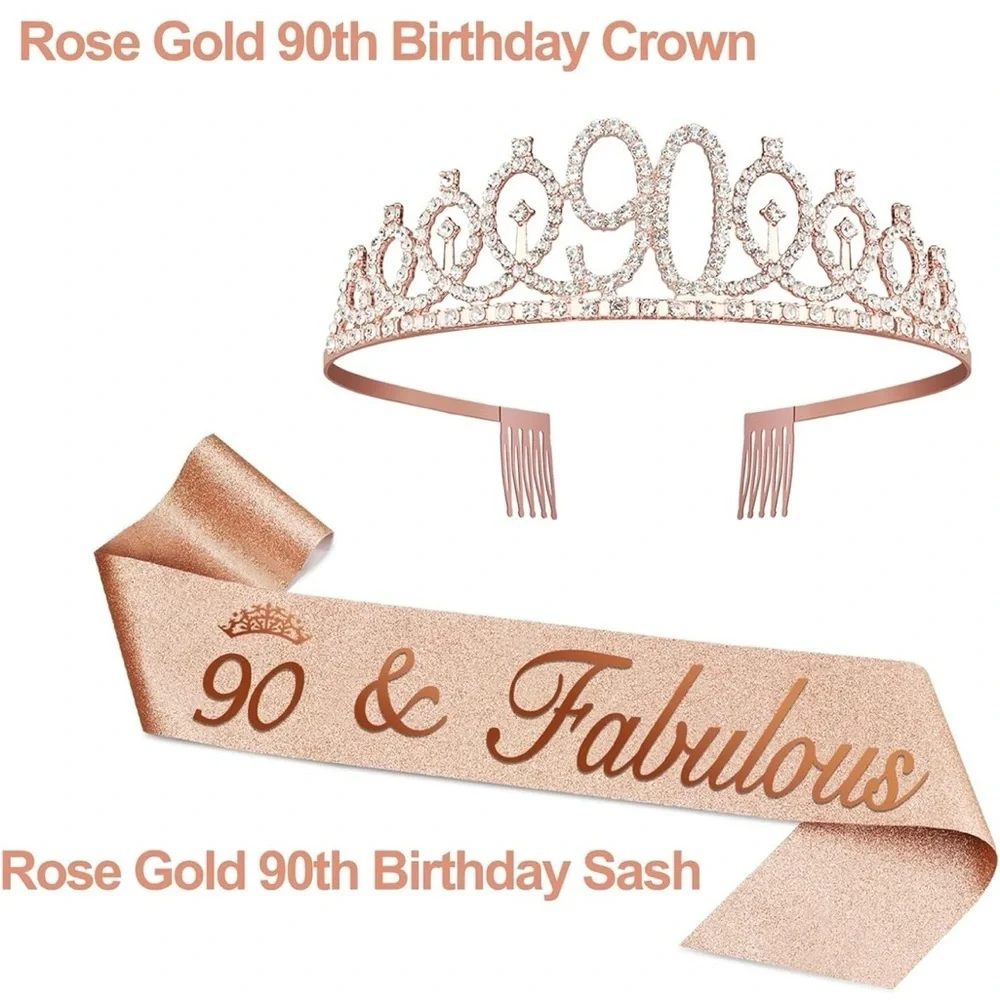 ✨ Rose Gold 90th Birthday Celebration Set – Tiara, Sash & Candles – Perfect Gift